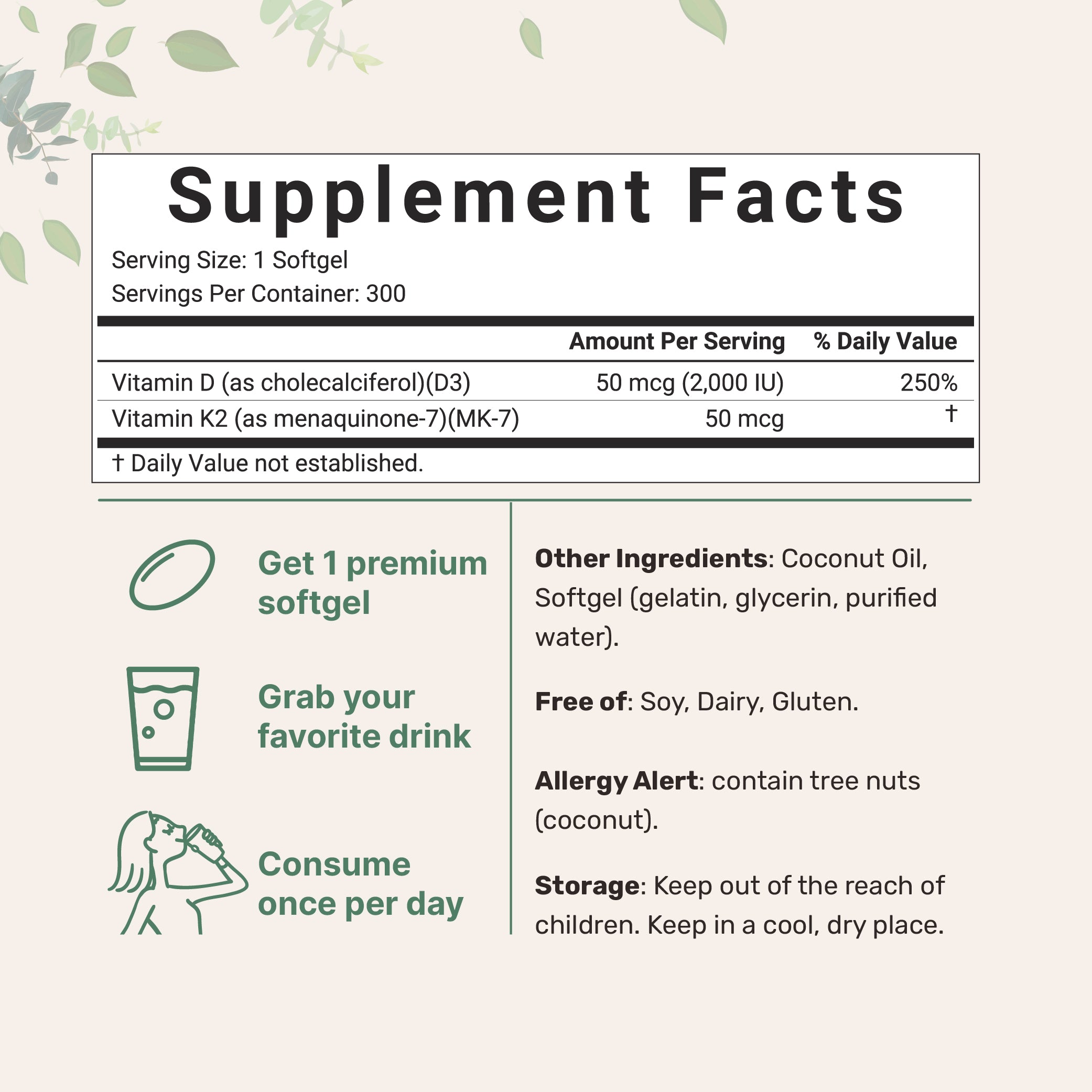 Micro Ingredients Vitamin D3 K2 5000IU /2000IU / 1000IU, Infused with Virgin Coconut Oil, 300 Softgels