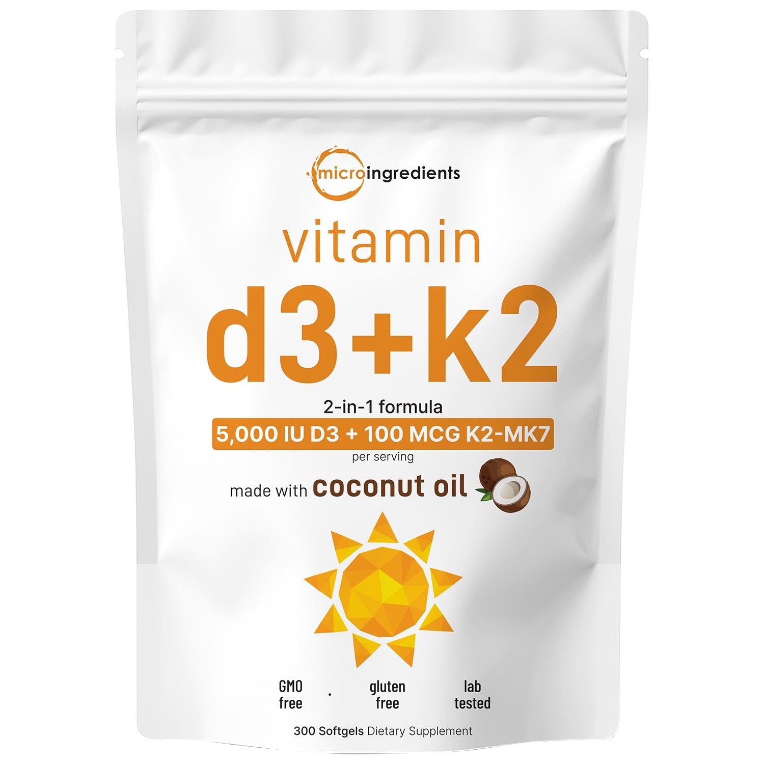 Micro Ingredients Vitamin D3 K2 5000IU /2000IU / 1000IU, Infused with Virgin Coconut Oil, 300 Softgels