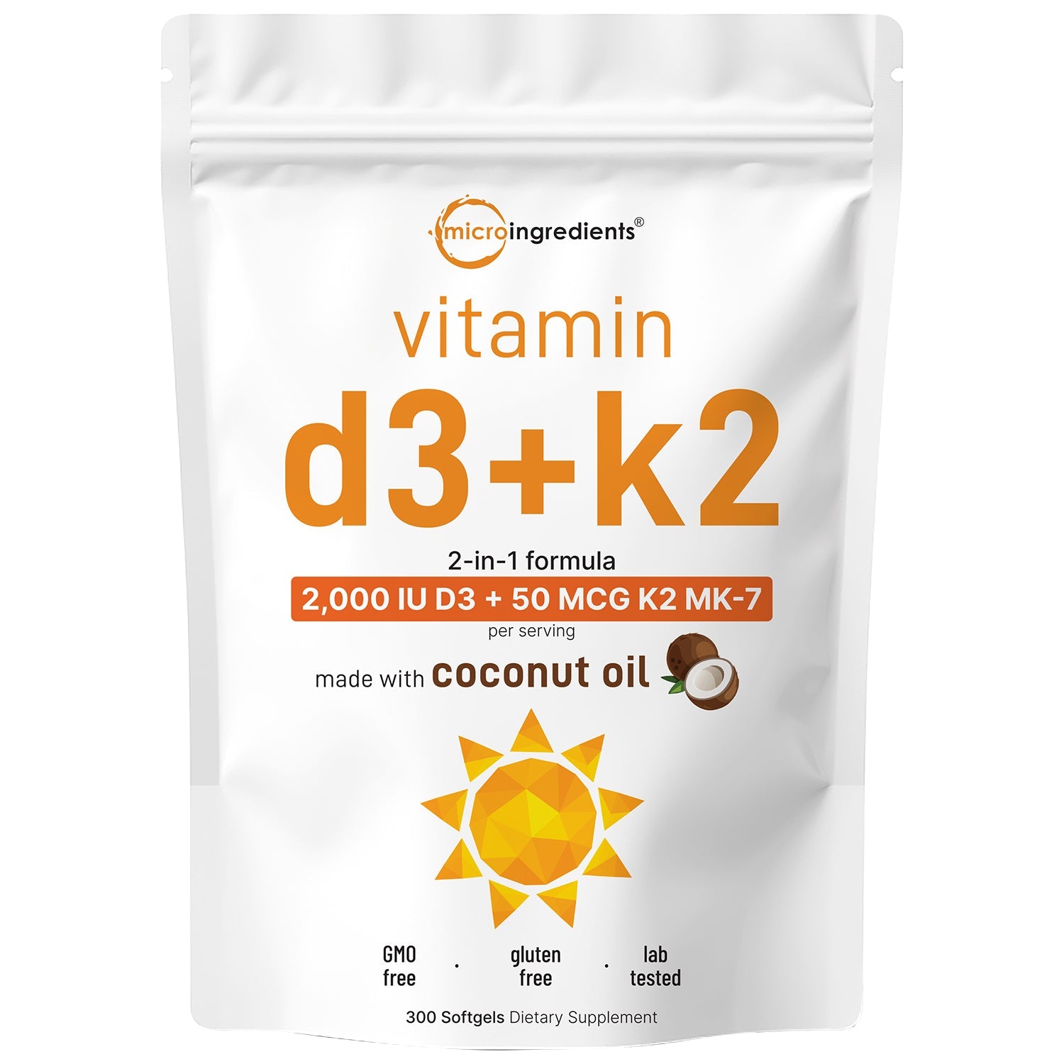 Micro Ingredients Vitamin D3 K2 5000IU /2000IU / 1000IU, Infused with Virgin Coconut Oil, 300 Softgels