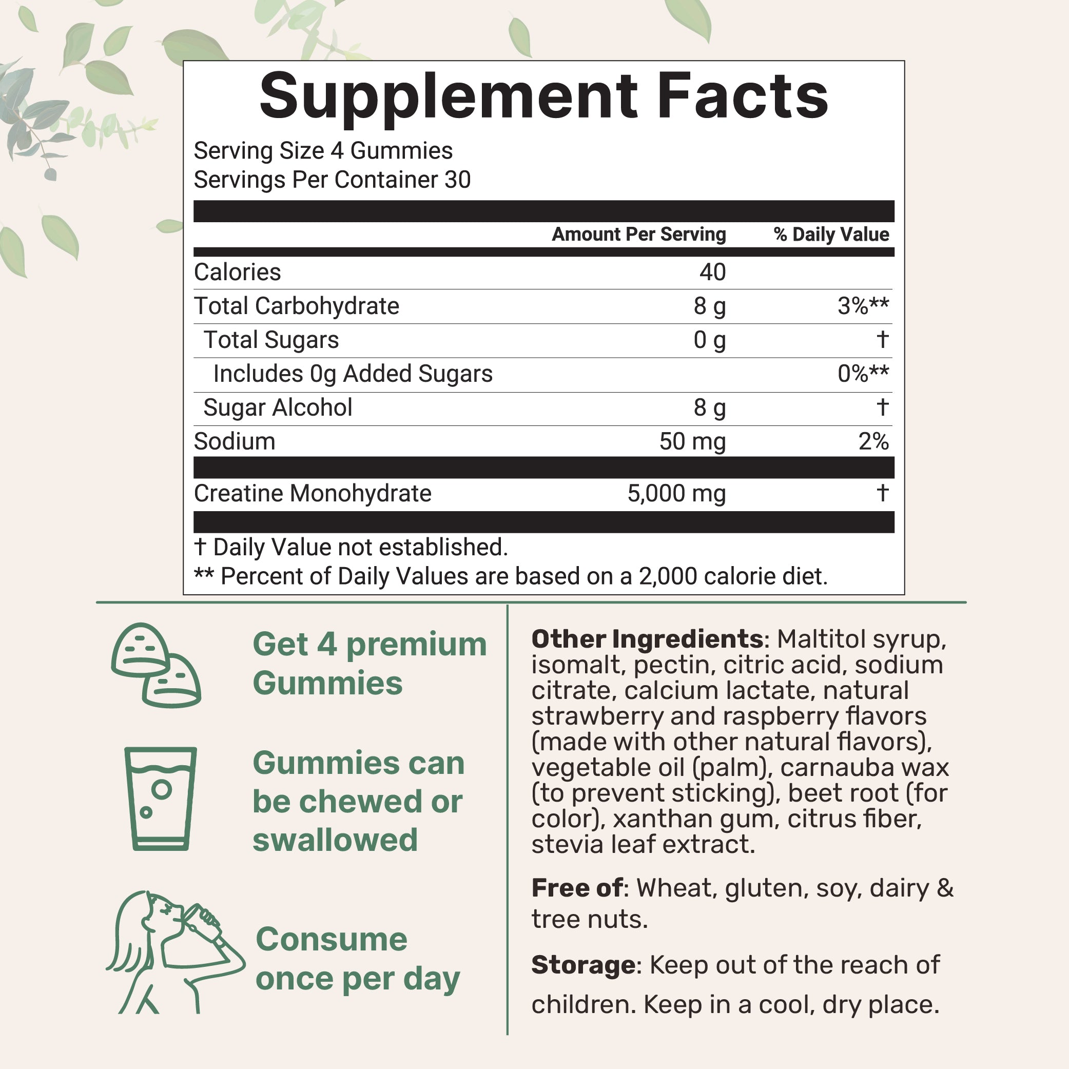 Creatine Monohydrate Gummies 5,000mg Per Serving, 120 Count