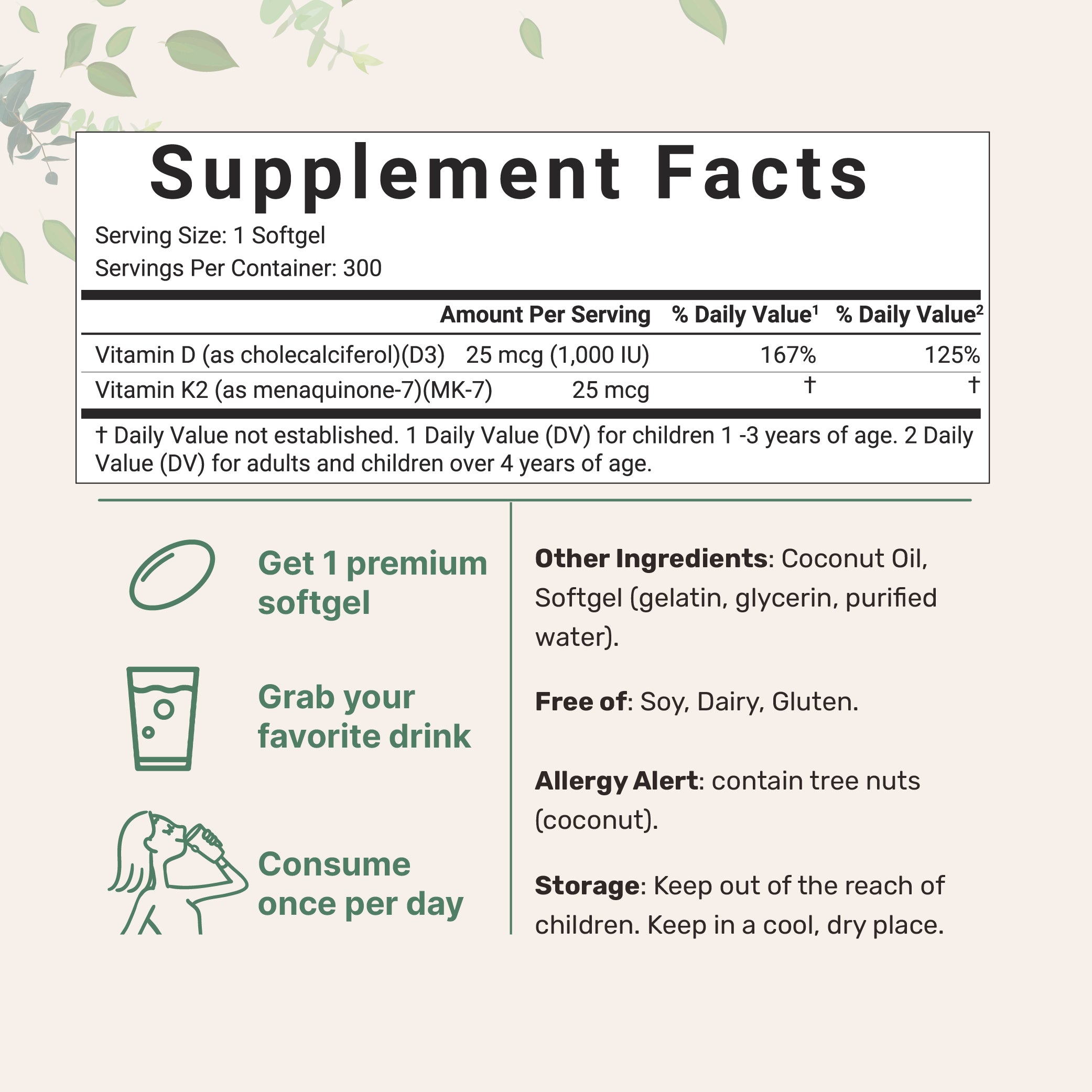Micro Ingredients Vitamin D3 K2 5000IU /2000IU / 1000IU, Infused with Virgin Coconut Oil, 300 Softgels