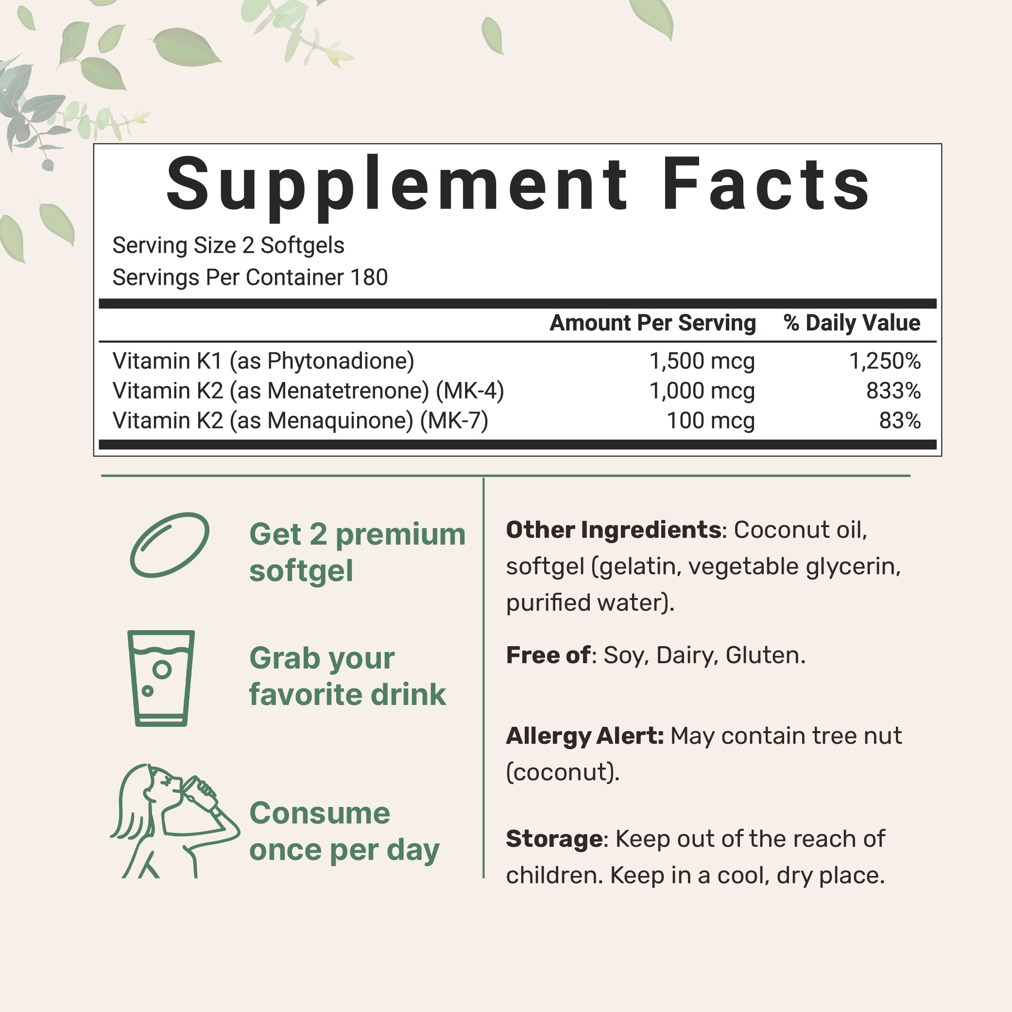 Micro Ingredients Vitamin K2 MK-4 + MK-7 & K1 Supplement, 360 Softgles with Coconut Oil