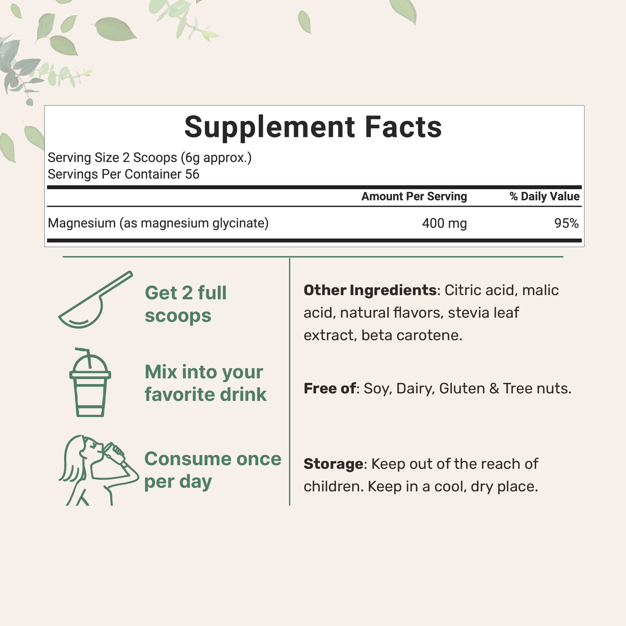 Micro Ingredients Magnesium Glycinate 400mg Per Serving, 12oz Powder – Sweet Peach Ring Flavor