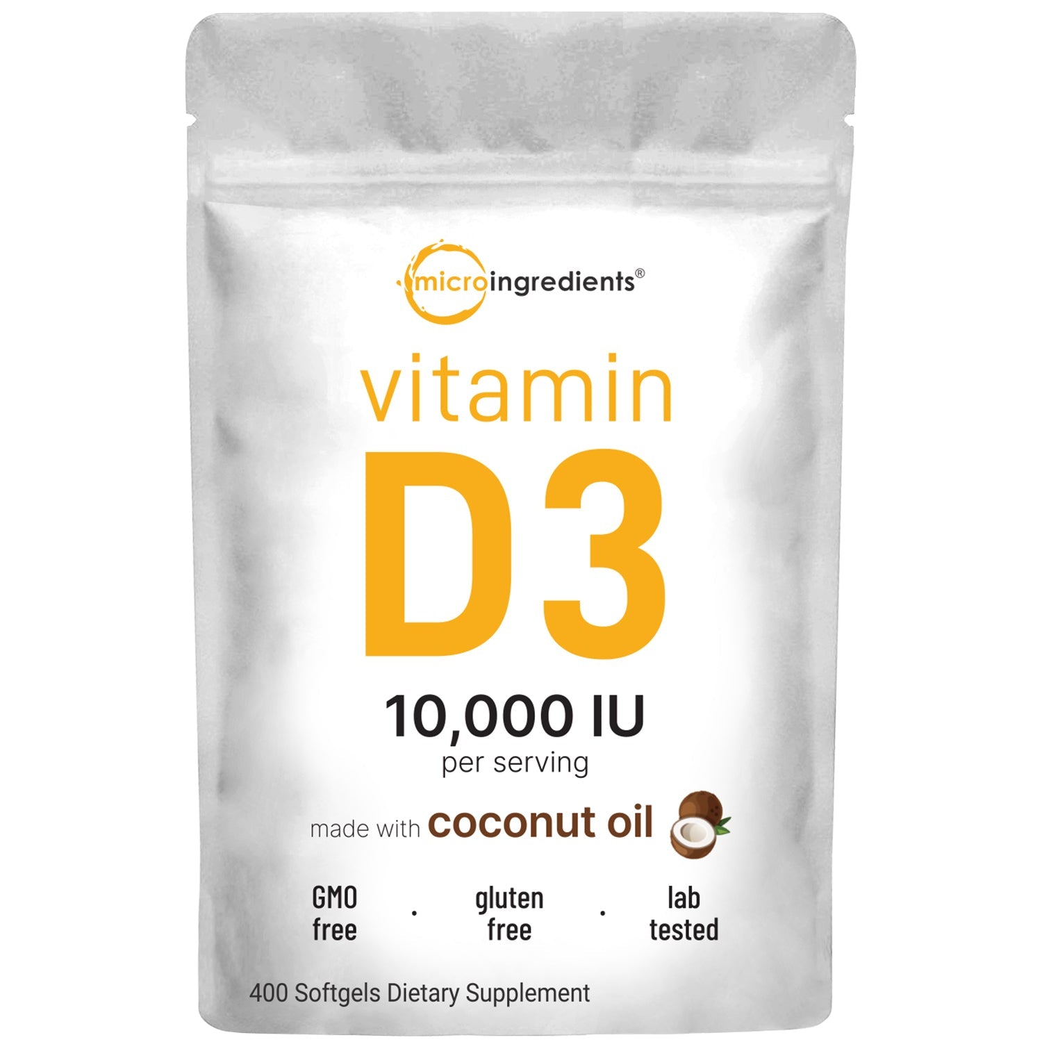 Micro Ingredients Vitamin D3 10,000 IU, 400 Softgels | Virgin Coconut Oil