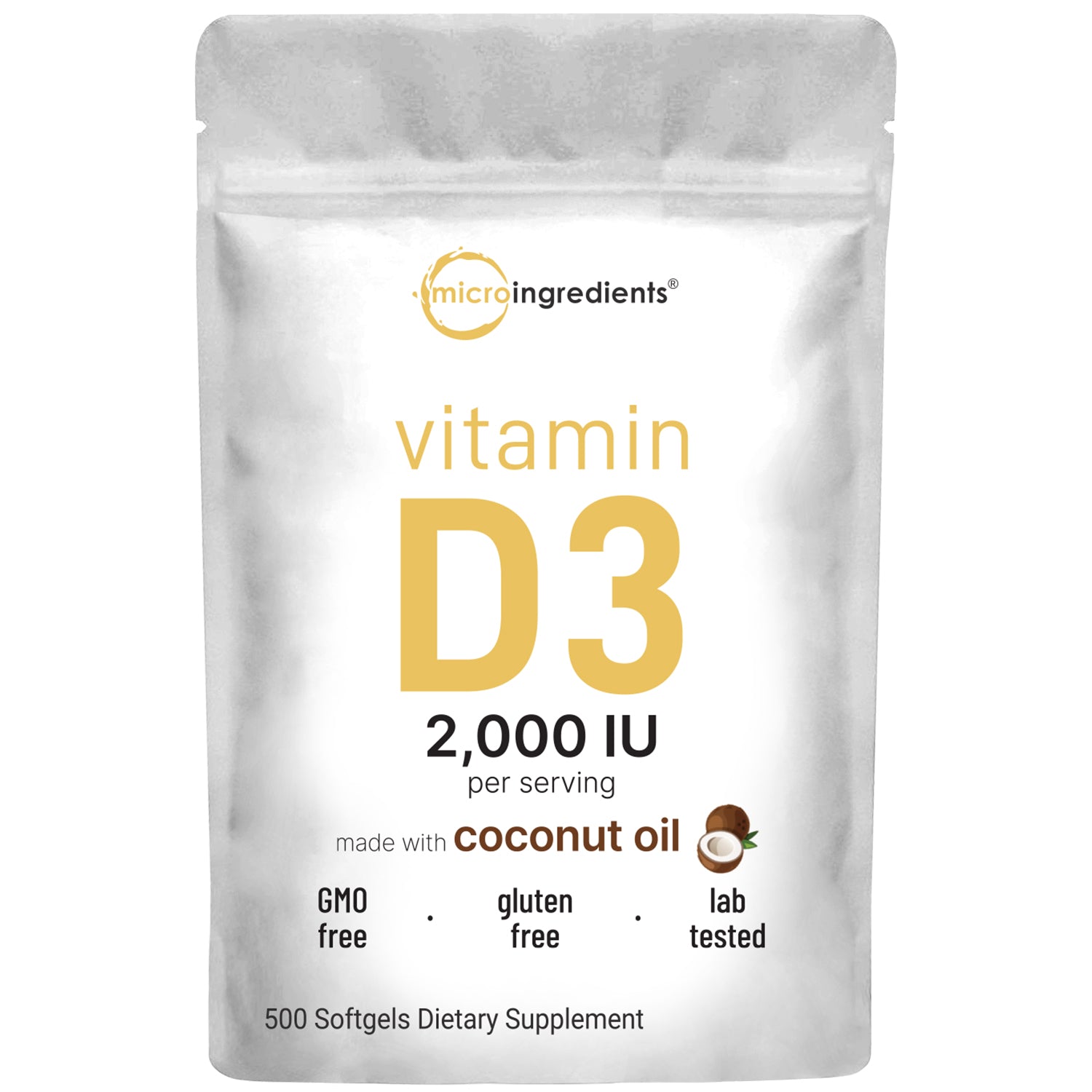Micro Ingredients Vitamin D3 2,000 IU, 500 Softgels with Virgin Coconut Oil