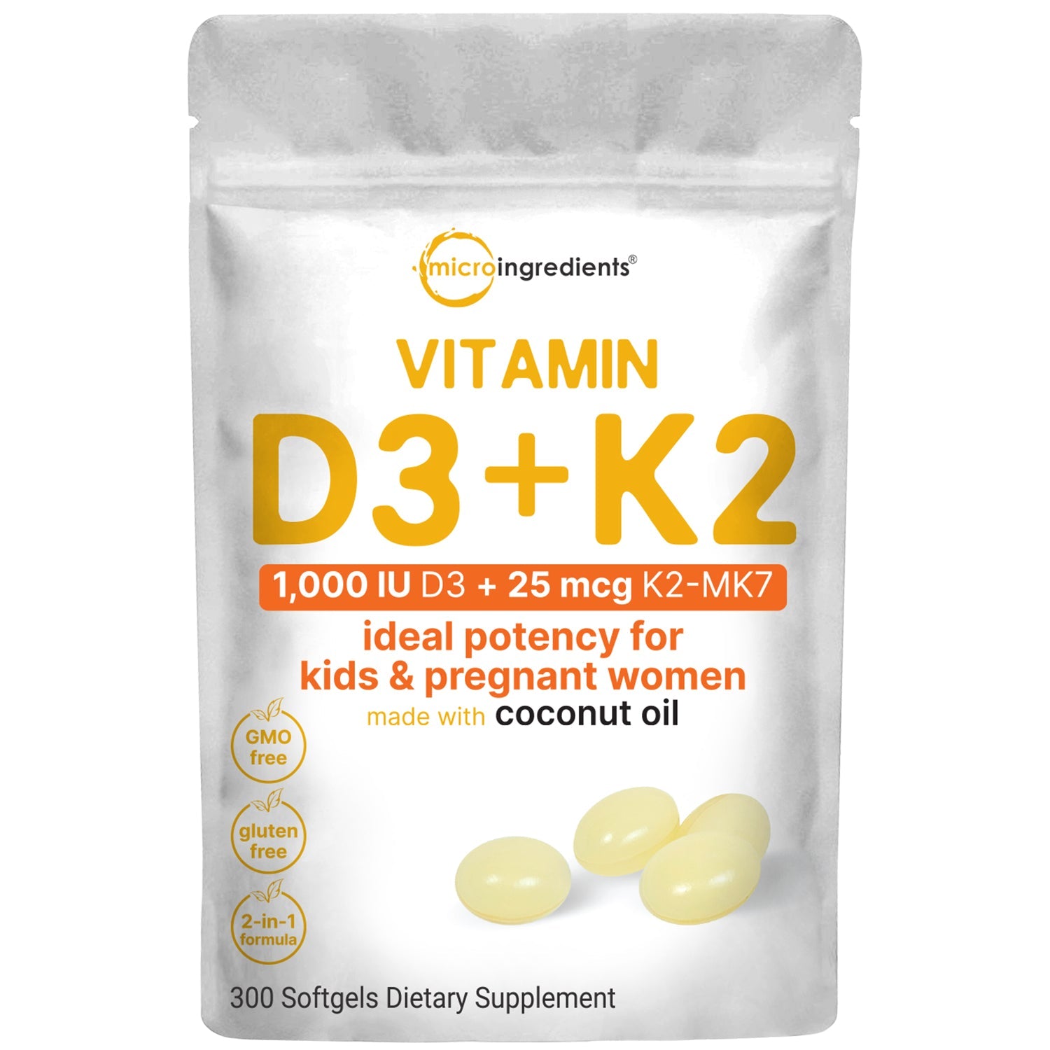 Micro Ingredients Vitamin D3 K2 5000IU /2000IU / 1000IU, Infused with Virgin Coconut Oil, 300 Softgels