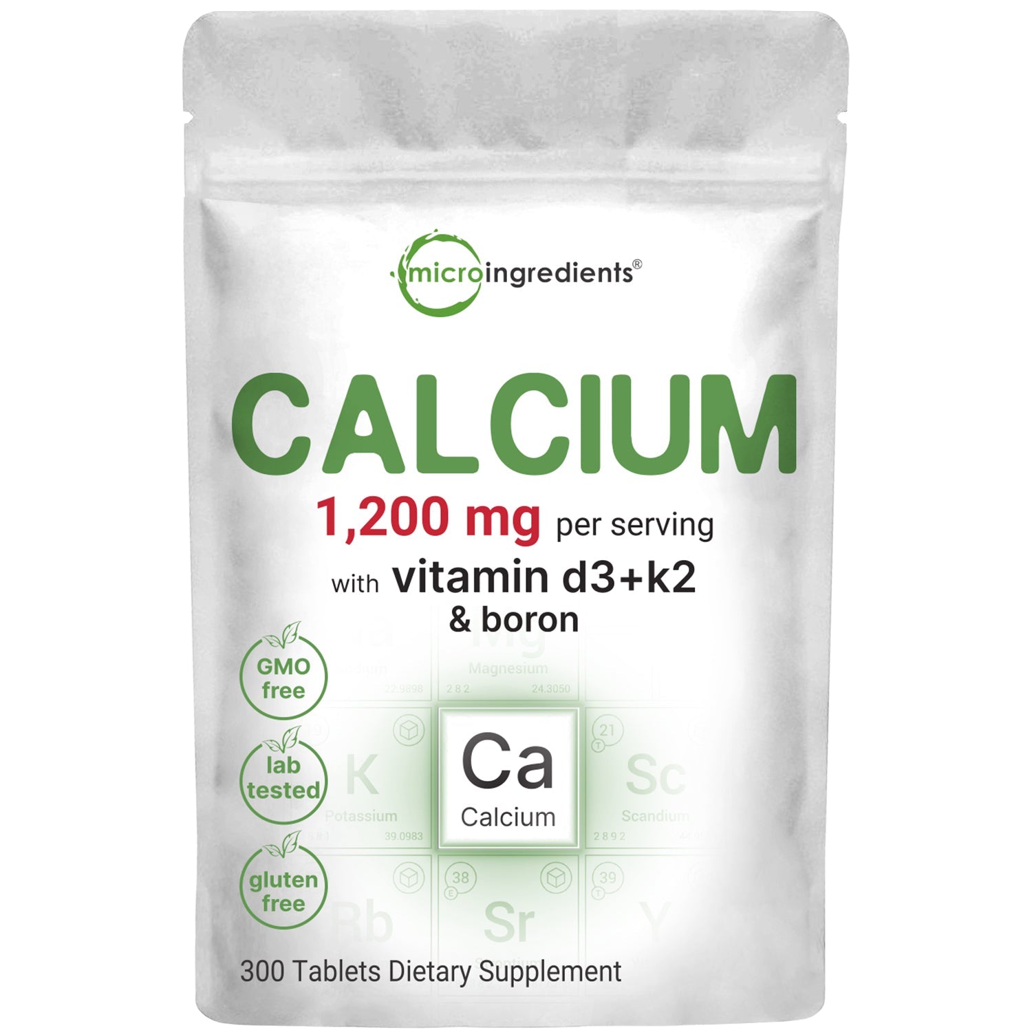 Micro Ingredients Calcium 1,200 mg with Vitamin D3 Plus K2 (MK-7) & Boron, 300 Tablets