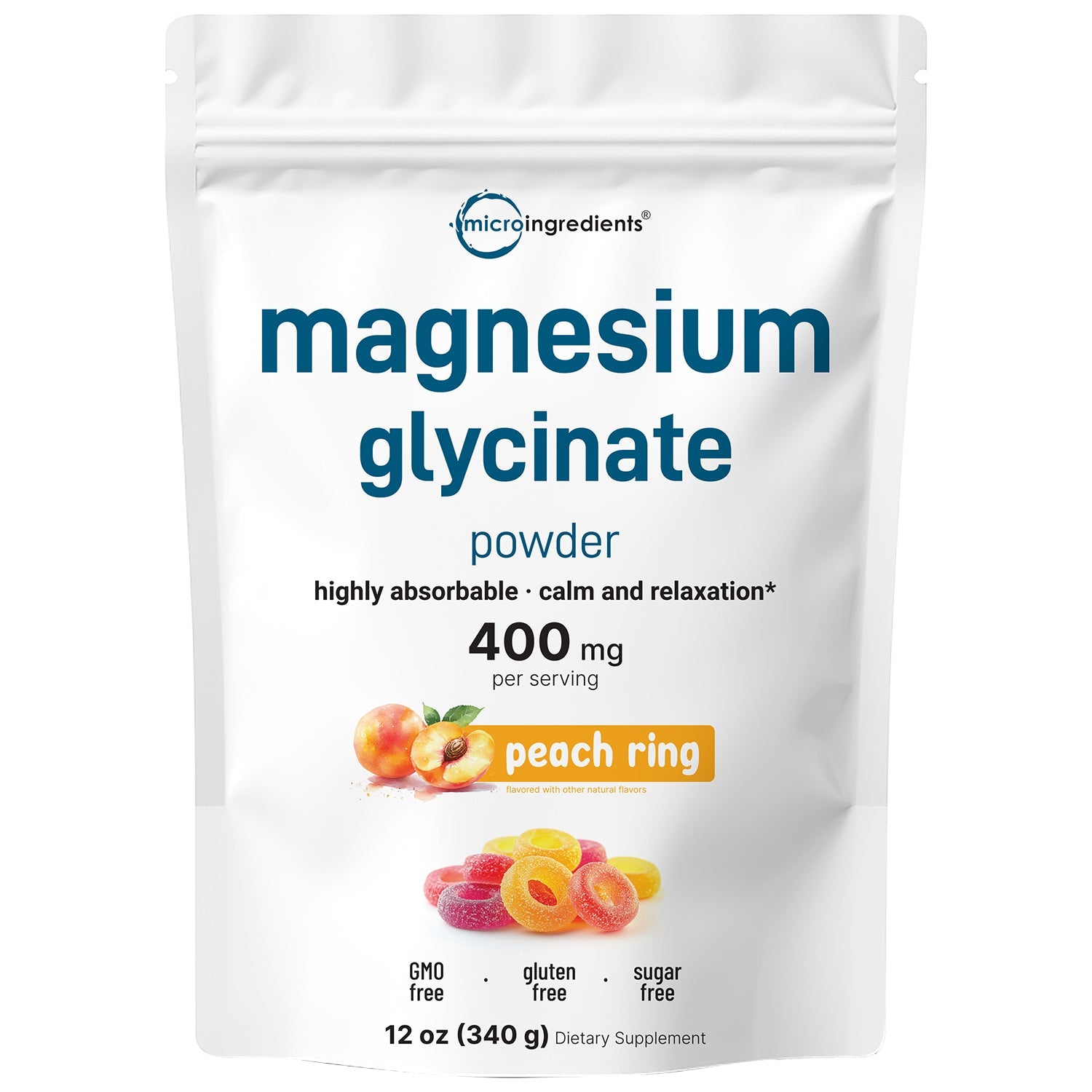 Micro Ingredients Magnesium Glycinate 400mg Per Serving, 12oz Powder – Sweet Peach Ring Flavor